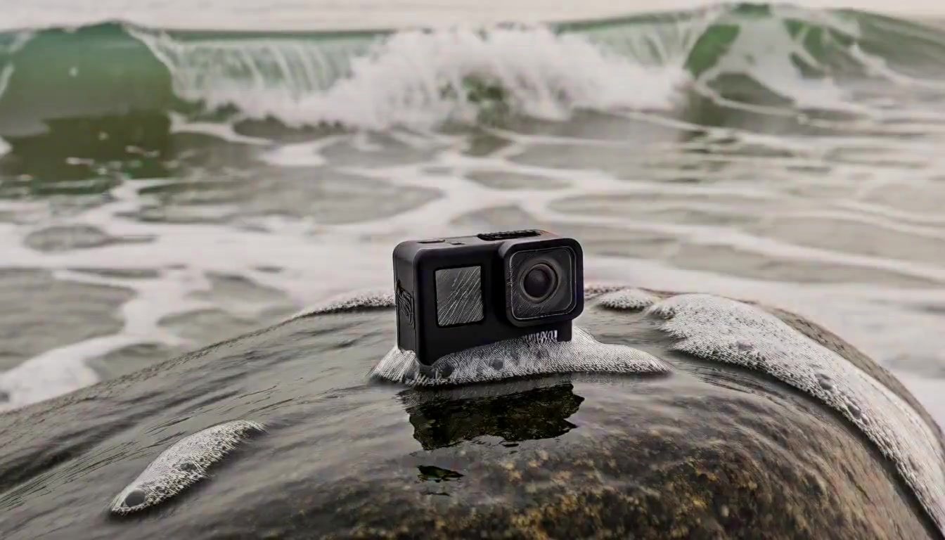 Action-Cam auf nassem Felsen am Meer