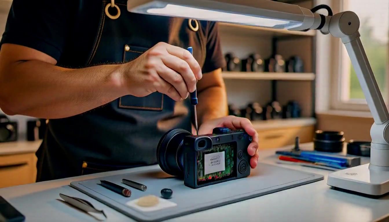 Techniker öffnet eine Systemkamera an einem Werkstattplatz